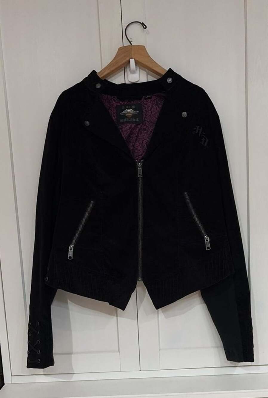 Harley-Davidson Women's Black Corduroy Moto Skull Lining Lace-Up Jacket XL
